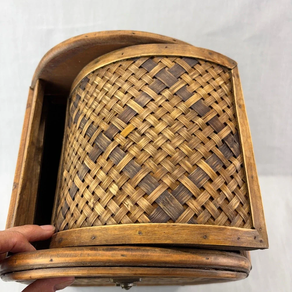 Vintage Wicker and Wood Storage Box Brown Boho Woven Latch Lid Decorative Brass